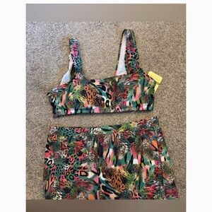 NWT Joan Vass Multicolor Animal Print 2 pcs bathing suit with boy shorts.